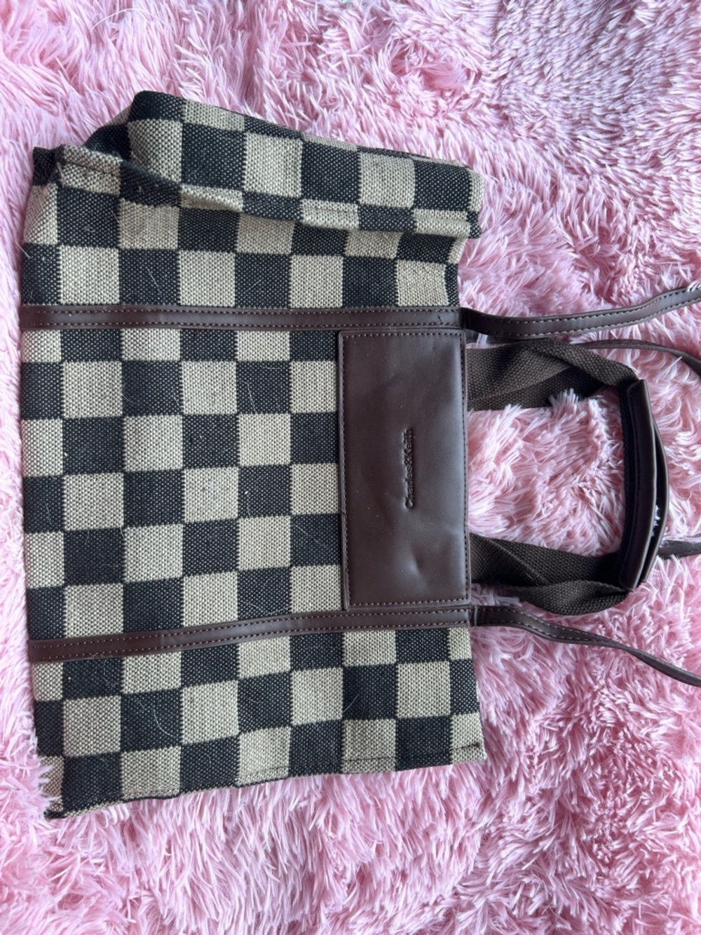 Charles & Keith Black and Cream Checkered Tote Bag with Brown Trim